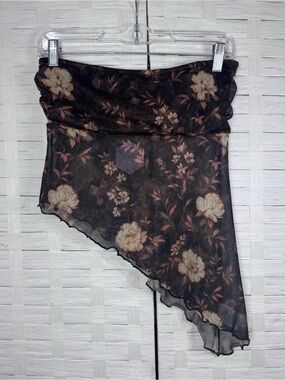 Y2K Sheer Dark Floral Top Asymmetrical Handkerchief Hem Fairy Grunge Medium